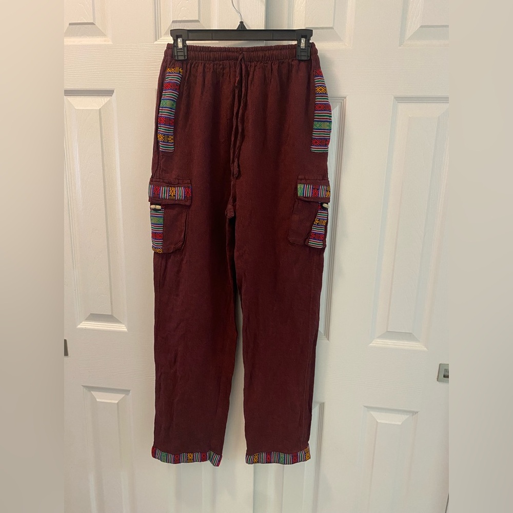 Unisex | Burgundy Embroidered Contrast Trim | Tibetan Cargo Pants | Shmedium - Picture 3 of 7